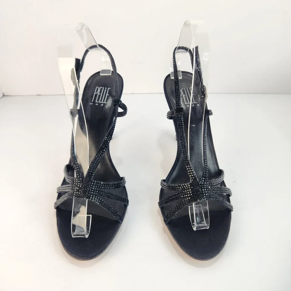Pelle Moda Women's 8.5 Black Rhinestone Strappy Slingback‎ Heels Evening Party